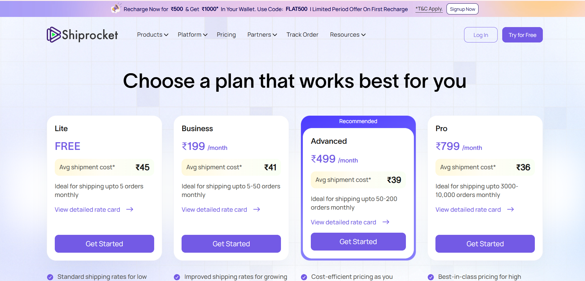 Shiprocket- Pricing page